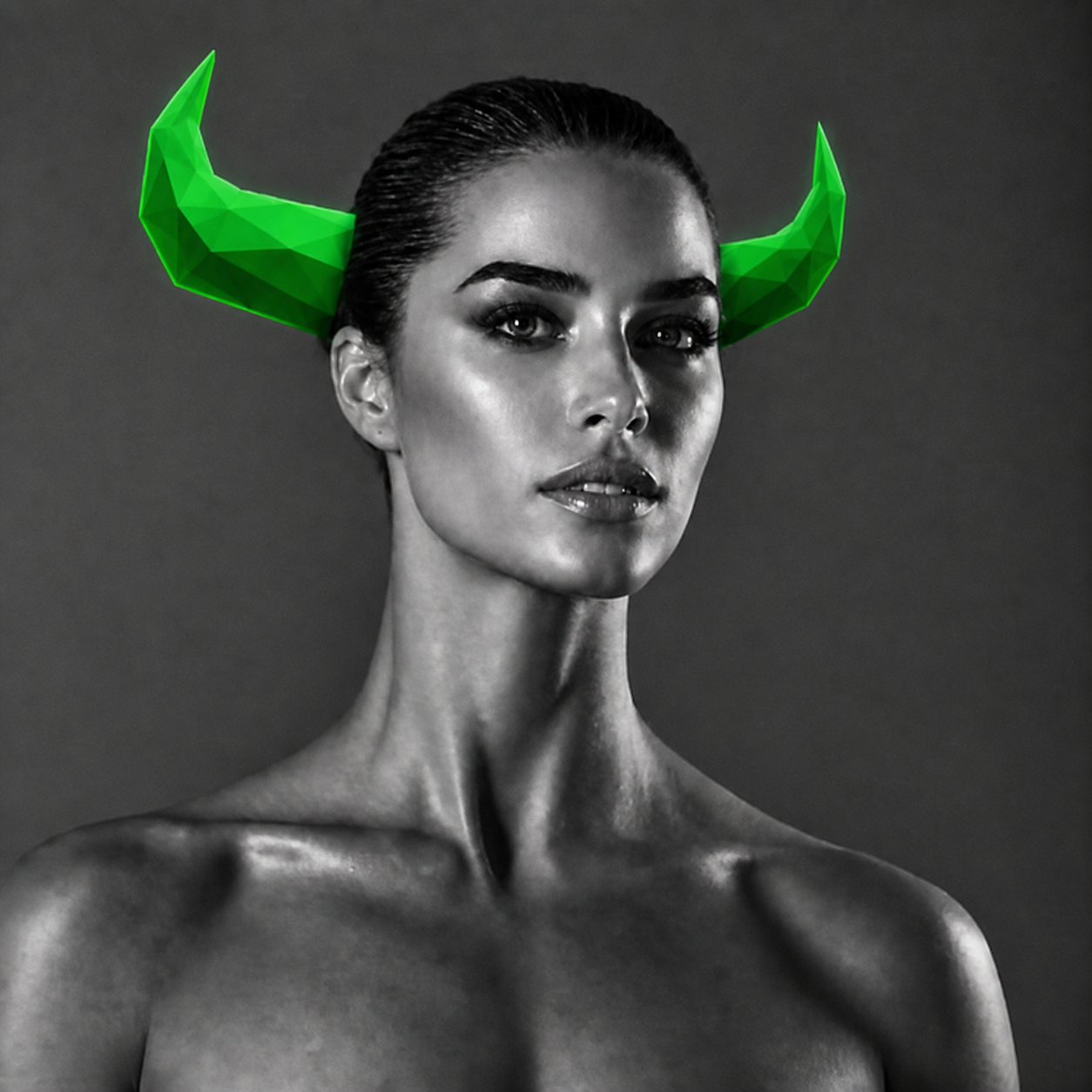 STASEM — a striking portrait of a woman wearing glowing neon-green low-poly horns